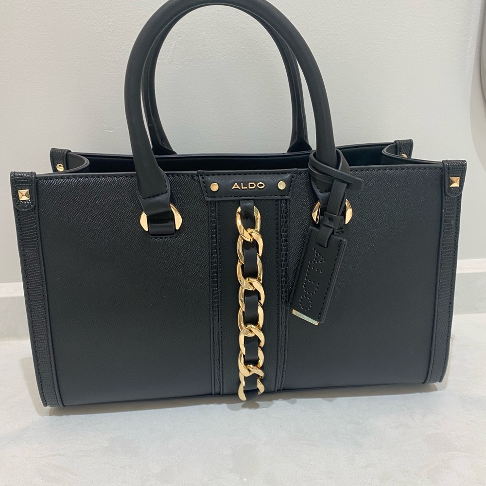 Aldo Black Satchel Purse with Gold Chain Detail